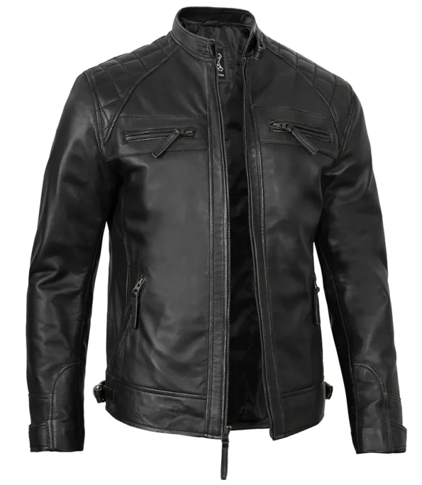 Mens Cafe Racer Black Motorcycle Leather Jacket