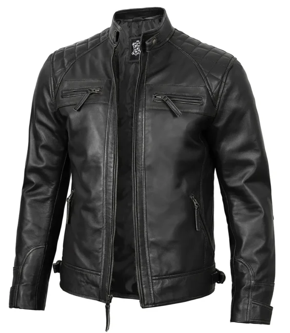 Mens Cafe Racer Black Motorcycle Leather Jacket
