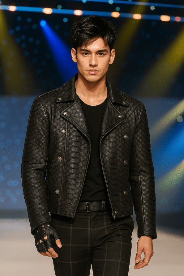 Men&rsquo;s Black Textured Leather Biker Jacket &ndash; Runway Inspired 2025