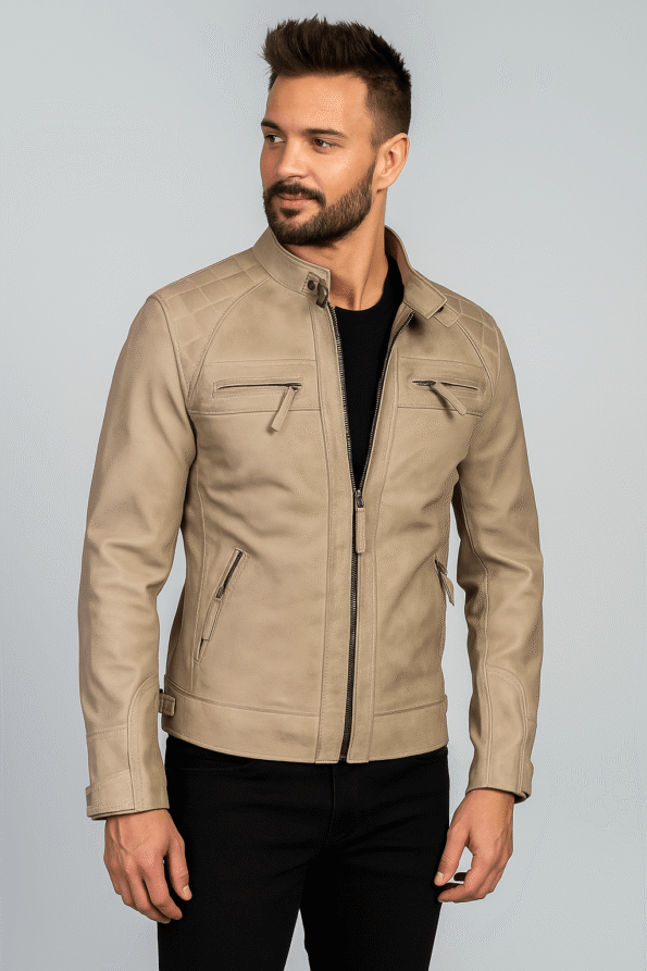 Beige Quilted Leather Jacket