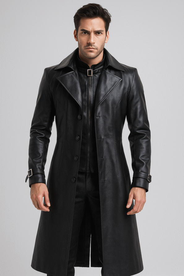 Albert Evil 5 Black Leather Trench Coat Mens