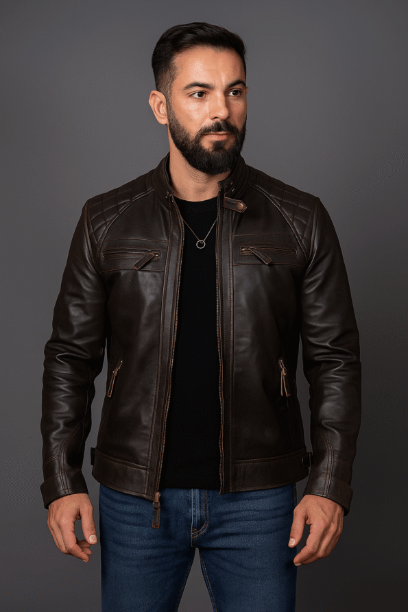 Mens Cafe Racer Distressed Brown Leather Jacket