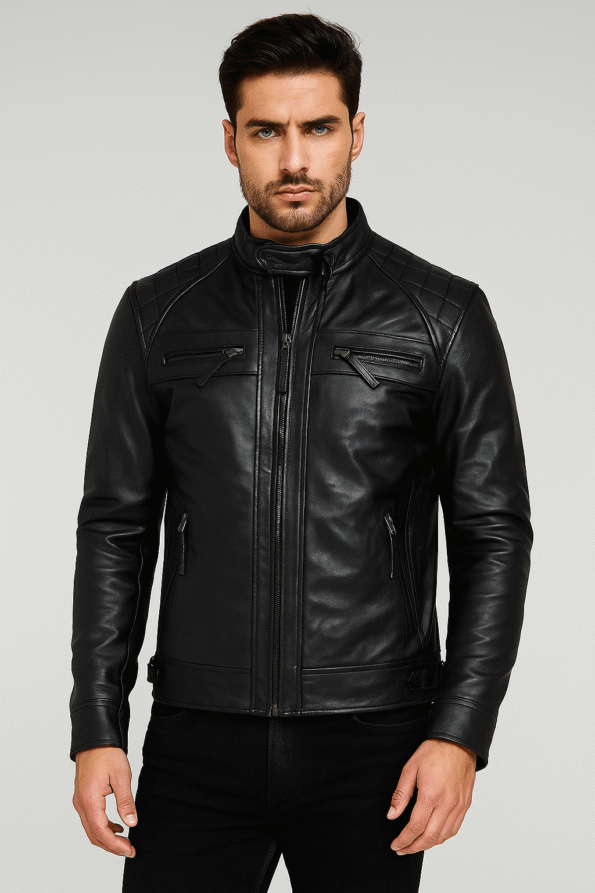 Mens Cafe Racer Black Motorcycle Leather Jacket
