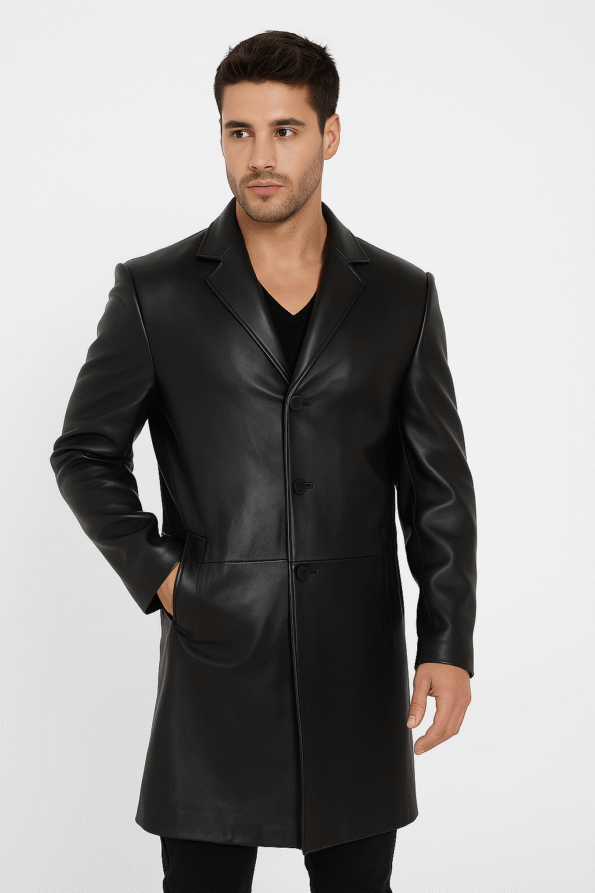 Men&rsquo;s Distressed Black Leather Coat