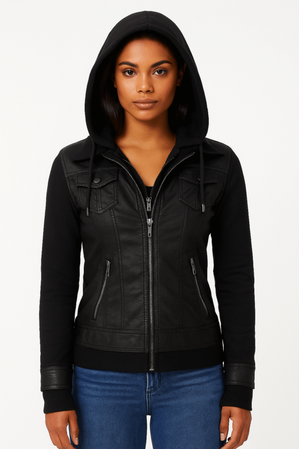 Womens Betty Black Bomber Removable Hoodie.