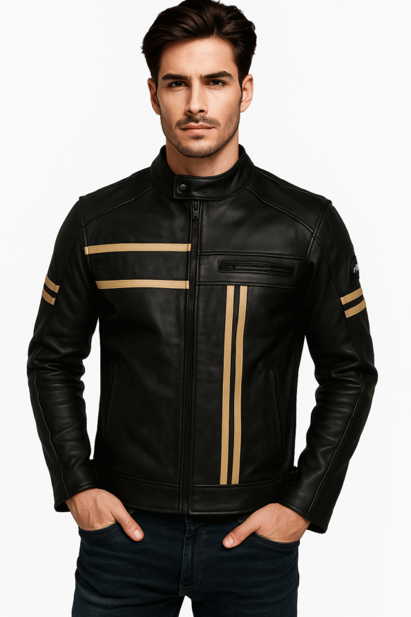 Men&rsquo;s Cafe Racer Retro Cruiser Biker Black Motorcycle Leather Jacket