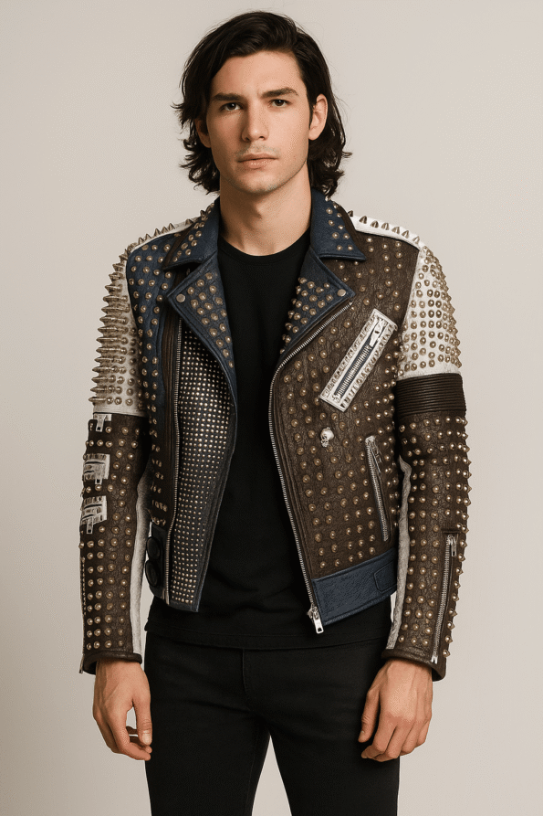 Mens Cafe Racer Rider Punk Studded Jacket