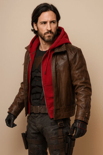 Titans Jason Todd Brown Leather Jacket with Red Hoodie