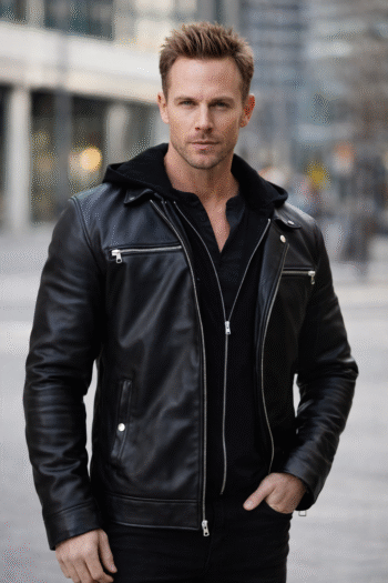 Men&rsquo;s Black Leather Biker Jacket &ndash; Netflix Series Inspired Action Style