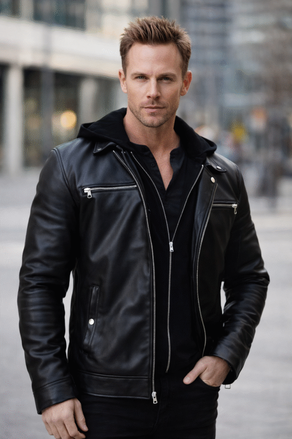 Men&rsquo;s Black Leather Biker Jacket &ndash; Netflix Series Inspired Action Style