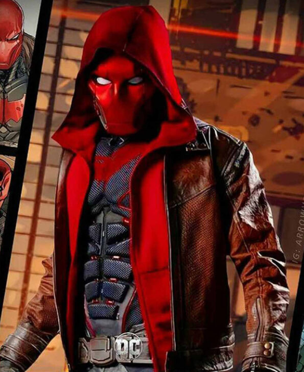 Titans Jason Todd Brown Leather Jacket with Red Hoodie