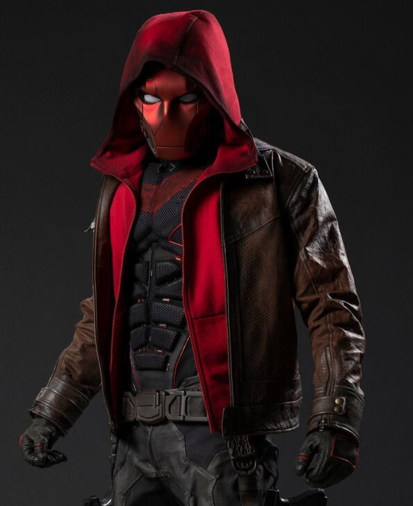 Titans Jason Todd Brown Leather Jacket with Red Hoodie