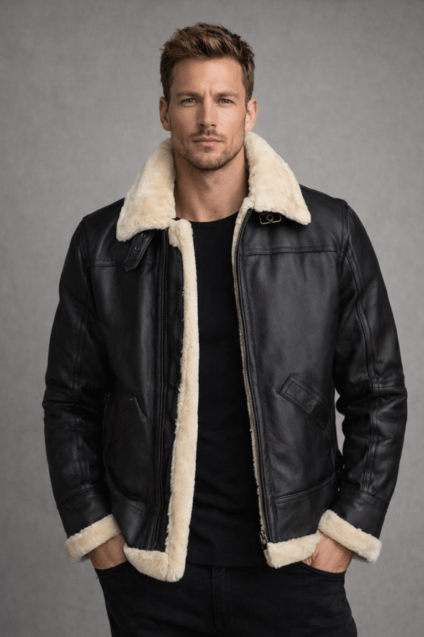 Men&rsquo;s Black Shearling Aviator Leather Jacket &ndash; Winter Fur Style