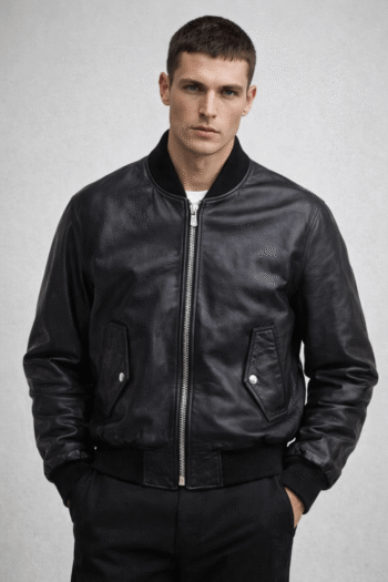 Men&rsquo;s Black Genuine Leather Bomber Jacket &ndash; Classic Zip-Up Style