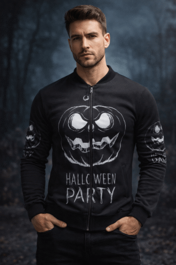 Men&rsquo;s Halloween Party Black Bomber Jacket &ndash; Pumpkin Graphic Zip-Up