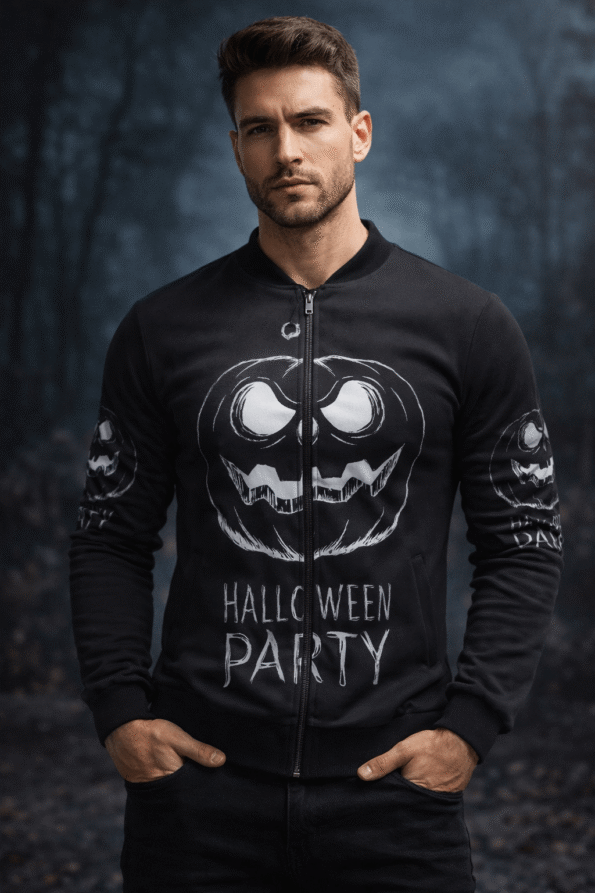Men&rsquo;s Halloween Party Black Bomber Jacket &ndash; Pumpkin Graphic Zip-Up