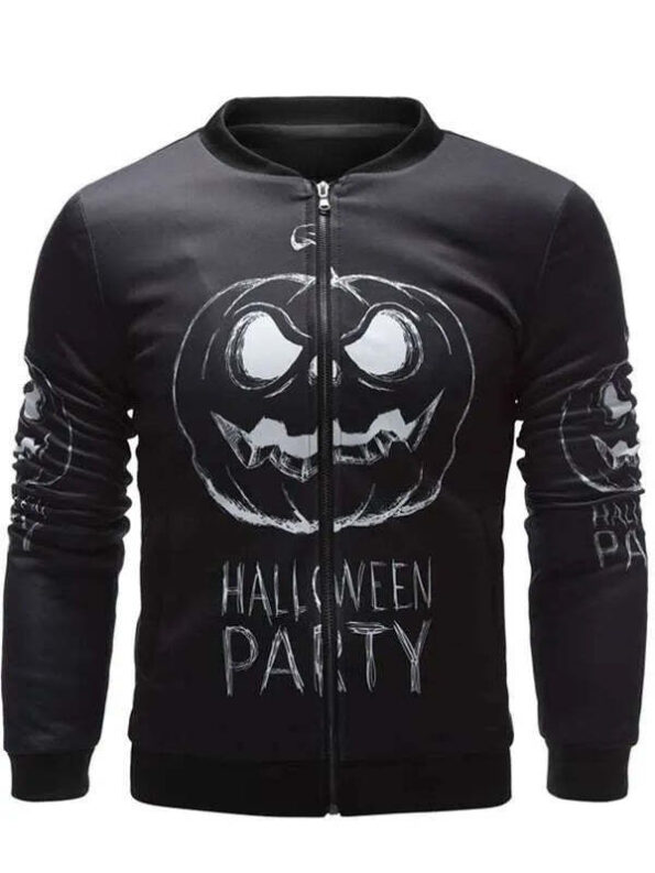 Men&rsquo;s Halloween Party Black Bomber Jacket &ndash; Pumpkin Graphic Zip-Up